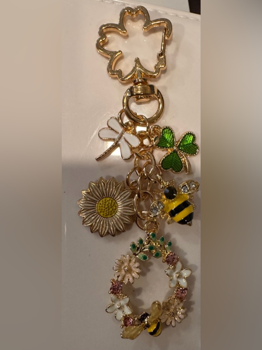Floral Bee Garden Bag Charm Keychain Gold Tone